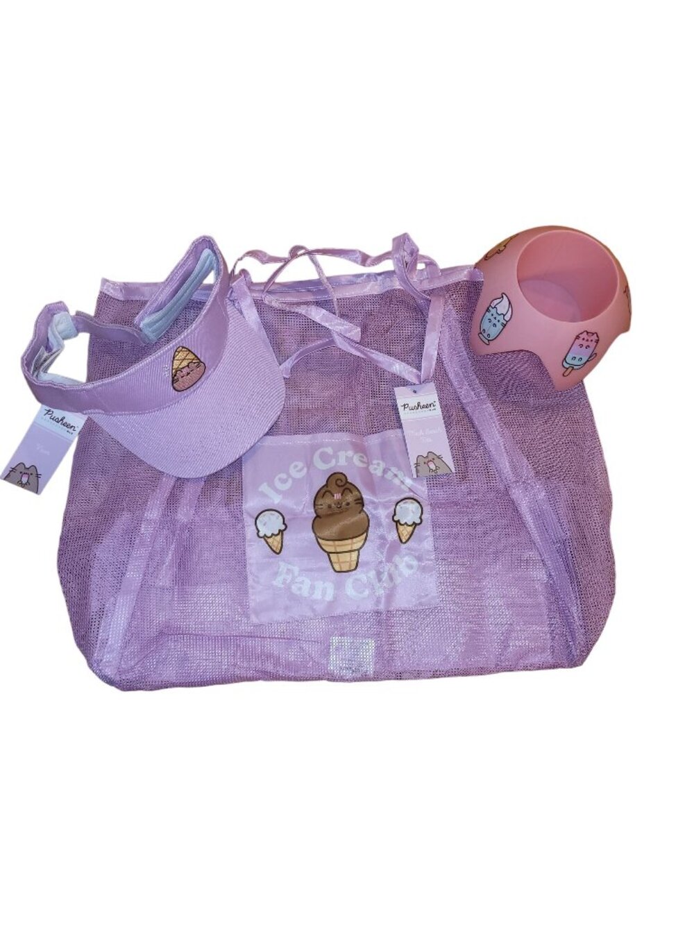 Pusheen Beach Bundle Mesh Tote Visor Sand Coaster Pink Purple Summer Set